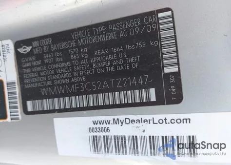 2010 Mini Cooper из США, поврежденный, VIN WMWMF3C52ATZ21447